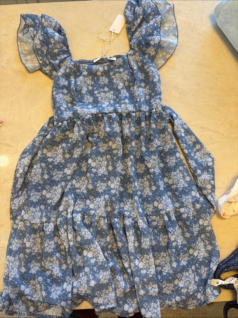 Altar'd State Blue Floral Flutter-Sleeve Kids Dress